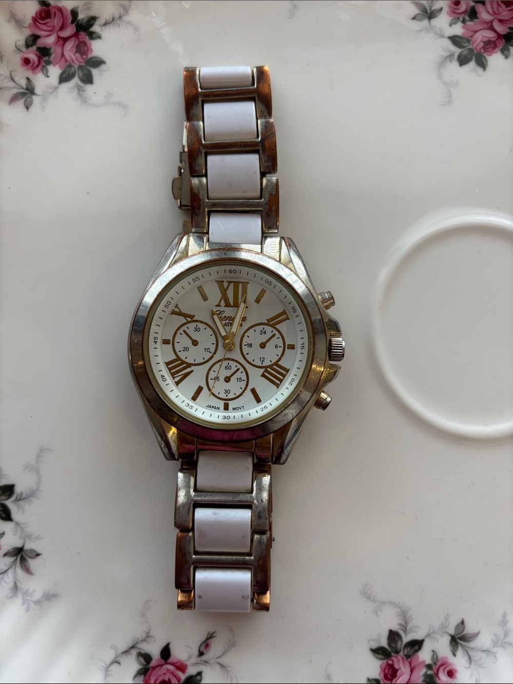 Geneva Platinum White and Gold Women's Link Watch